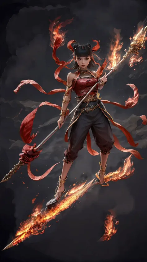 a woman with a sword and a fire staff in her hand