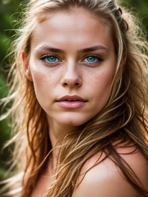 a close up of a woman with long hair and blue eyes