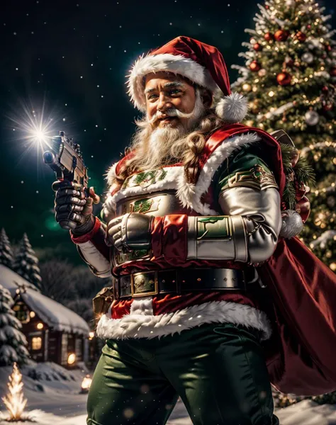 cinematic photo concept art <lora:quiron_Chritsmas_v2_lora:0.47> ChristmasQuiron style, a evil Santa Claus wearing  (Green costume and green hat), holding a rifle and shooting fire, Green AI Santa Overlords,  <lora:quiron_Jaspion_v2_Lora:0.57> JaspionQuiro...