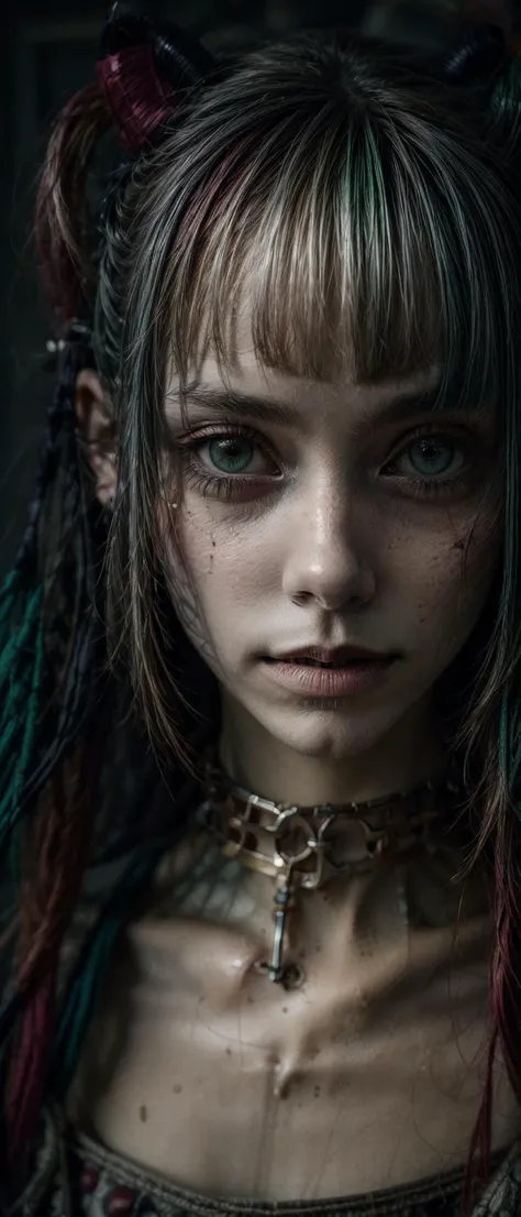 a close up of a woman with dreadlocks and a cross on her neck