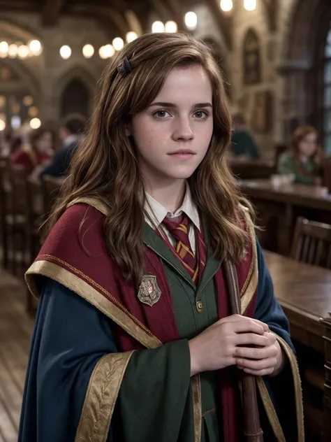 cinematic photo, harry potter scenery, gryffindor lounge at hogwarts, a realistic photo of a 20 years old actor hermine, standin...