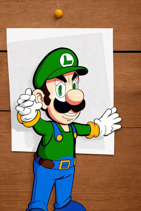 (best quality, masterpiece:1.2),  A portrait of Luigi in the style of SM,
PepeSilviaMeme,  1boy, solo, paper, wall, man, wooden wall, open hand, open door