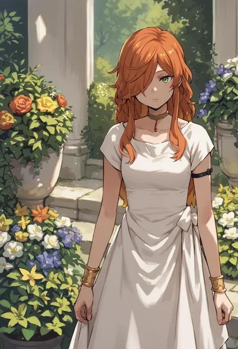 anime - style image of a woman in a white dress standing in front of a garden