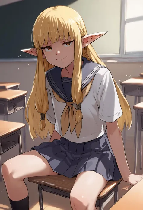 anime girl sitting on a desk in a classroom with a blackboard