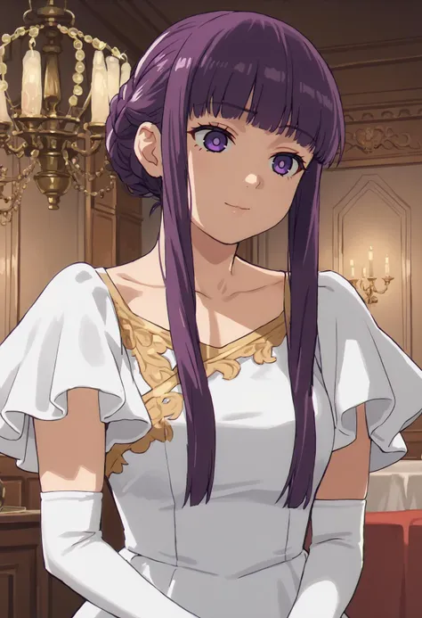 a woman in a white dress with purple hair and purple eyes