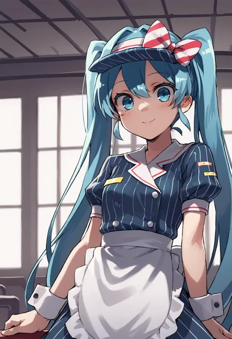 anime character with blue hair and a white apron and a red bow