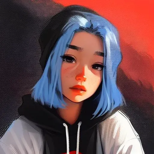 a close up of a person with blue hair and a hoodie