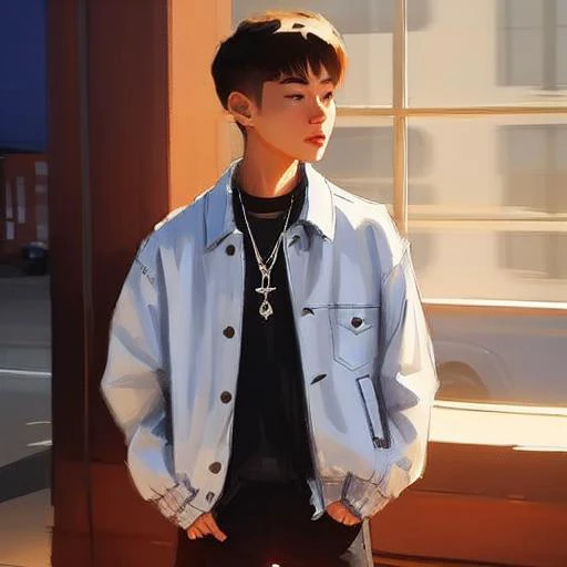 a close up of a person standing near a window with a necklace