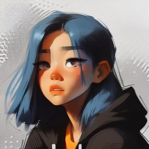 a close up of a person with blue hair and a hoodie