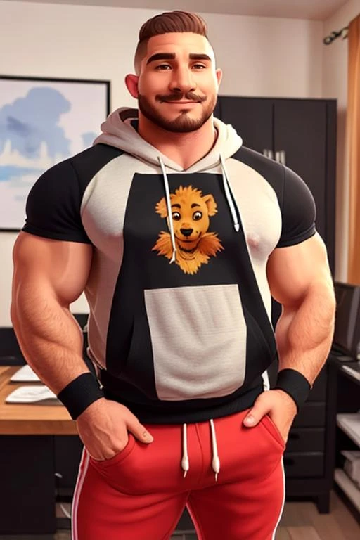 (1man), muscular, brown eyes, casual clothes, sweatshirt, handsome, dynamic,  sfw, (intricate details,  Masterpiece, high quality, best quality), (musclebears:0.5), bulgerk-soft
