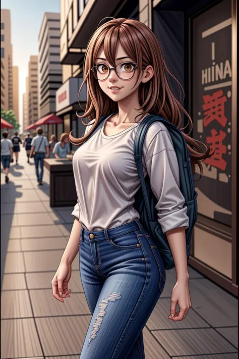 best quality, highly detailed, chiharu, wearing backpack, white shirt, blue jeans, walking in the mall, AS-Adult