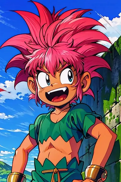 a cartoon image of a young boy with pink hair and a green shirt