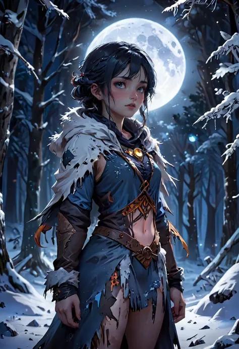 a woman in a snow forest, in tattered clothing, moon, (highres, highly detailed:1.2), cinematic lighting, vibrant colors