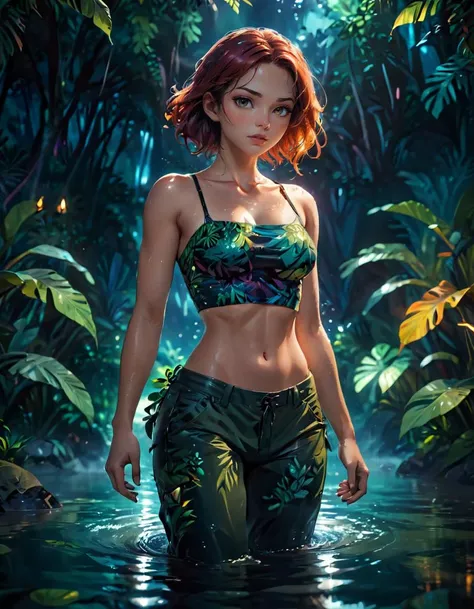 a woman in a jungle at night walking through shallow water. she is wearing a tube top and pants. (dynamic pose:1.2), (highres, highly detailed:1.2), cinematic lighting, vibrant colors