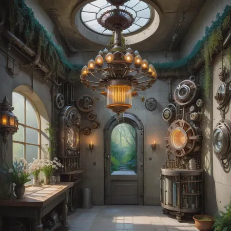 Enchanted Blossom Arboretum, Chandelier,Mechanized Gears,Dryer,Potion Vials,Futuristic Gadgets, Weft-Faced Technique tapestry and Concrete and Ceramic Tiles, Oil Lamps, Wall Sconces, fantasy <lora:SDXLLandskaper_v1:1>