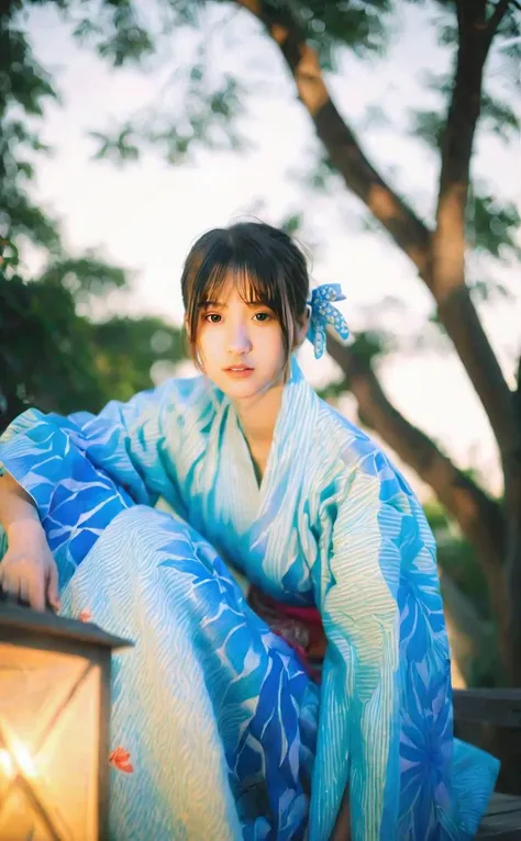 arafed woman in a blue kimono sitting on a bench