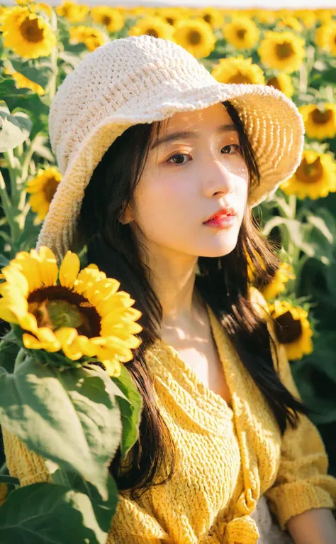 a close up of a woman in a sunflower field with a hat