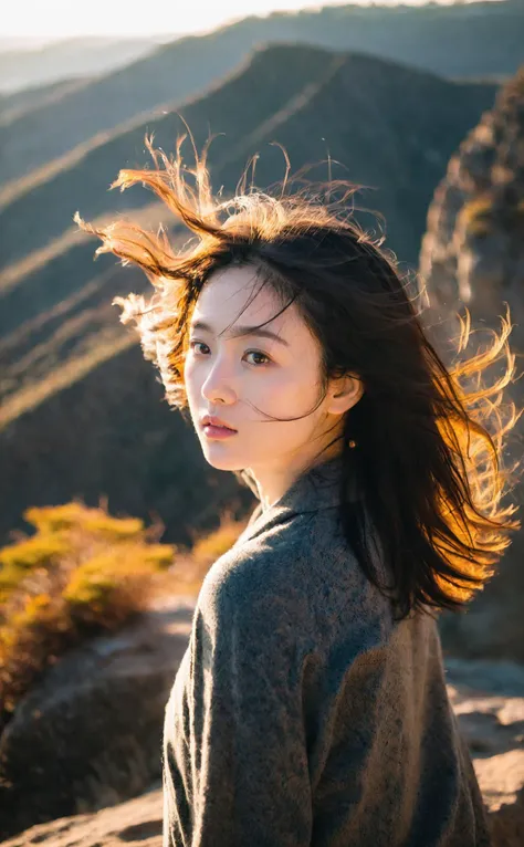 a woman with long hair standing on a mountain top