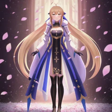 <lora:castoriaV4:0.7>, 1girl, solo, ahoge, blonde_hair, blue_ribbon, long_hair, hair flowing over, ribbon, gold trim, full body, wide shot, (genshin impact:0.85), (utawarerumono:0.85), (rwby:0.85), high definition,  masterpiece, best quality, highly detailed, intricate, face, yellow eyes, castoria, fur, fur trim, fur collar, hands, cherry blossoms, cherry blossoms, blurry background