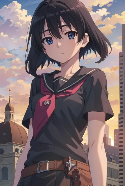 agkkurome, <lora:agk kurome s1-lora-nochekaiser:1>,
kurome, short hair, black hair, (black eyes:1.3), hair between eyes,
BREAK skirt, school uniform, serafuku, belt, black serafuku, short sleeves, belt, black skirt, neckerchief, red neckerchief,
BREAK outd...