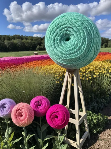 a close up of a yarn ball on a wooden easel in a field of flowers