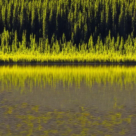 trees are reflected in the water of a lake with a boat