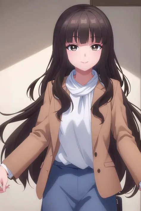 shihokofujimiya, <lora:shihoko fujimiya s1-lora-nochekaiser:1>,
shihoko fujimiya, long hair, bangs, black hair, (brown eyes:1.5), blunt bangs, wavy hair, smile,
BREAK shirt, jacket, white shirt, coat, brown jacket,
BREAK indoors,
BREAK looking at viewer, (...