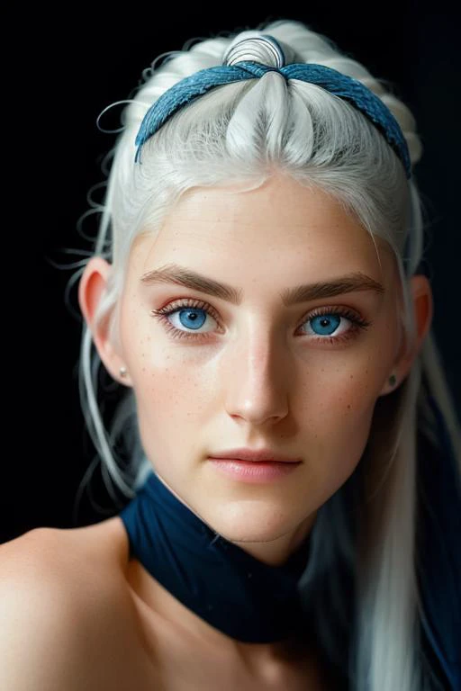 Modelshoot style, close up head shot, portrait of evafie with white hair, highly detailed blue eyes, highly detailed skin, pores, (freckle:0.5),  dark studio, dramatic lighting, rim light, fujix-t3

 <lora:epiNoiseoffset_v2:1>,   <lora:evafie_v1:1>