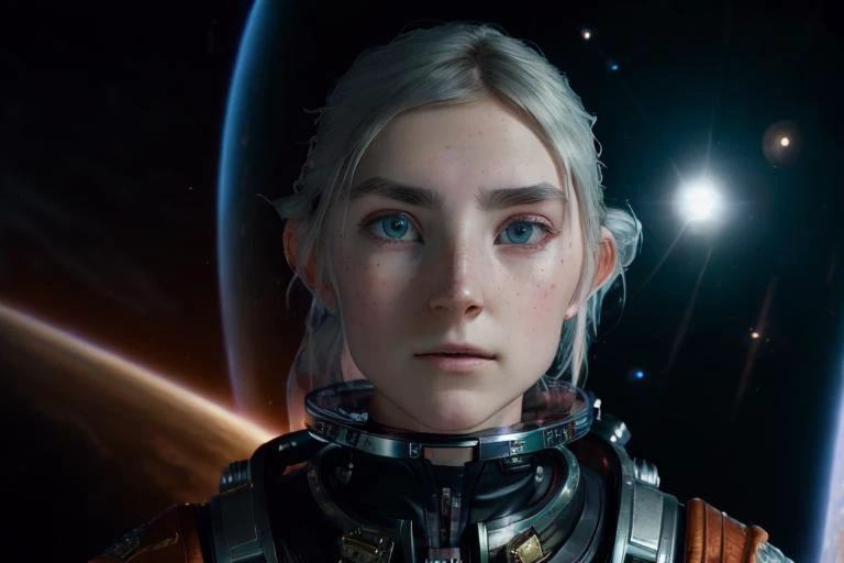 shot on arri, (fisheye lens),(battle-ready pose), serious face, (portrait:1.2) of evafie, in space suit , (space background:1.2), (highly detailed eyes:1),(highly detailed skin:1.3),(freckles:0.6),(pores:1.2), (4k),back lit, rim light, dramatic lighting, (...