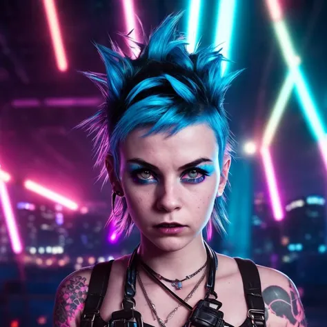 photo of a young girl, 1girl, solo, punk, blue mohawk, winking, night, cinematic, vivid, neon, cyberpunk, smirking sharp focus, masterpiece