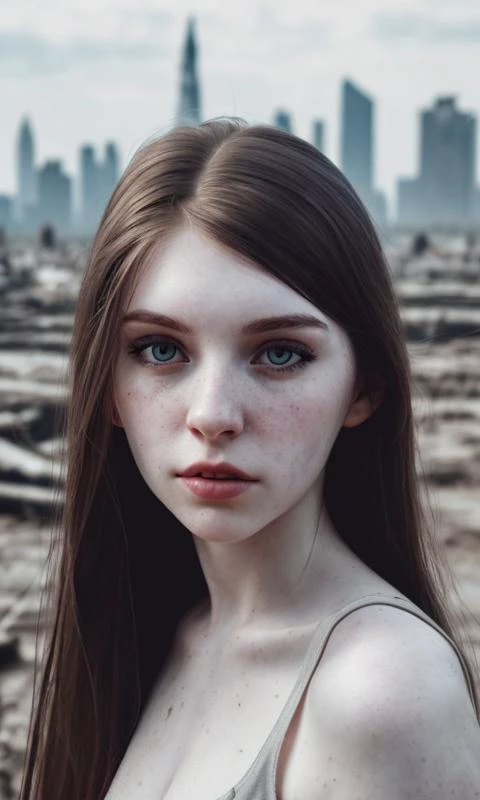 RAW photo, a close up portrait photo of 26 y.o woman in wastelander clothes, long haircut, pale skin, slim body, background is city ruins, (high detailed skin:1.2), 8k uhd, dslr, soft lighting, high quality, film grain, Fujifilm XT3