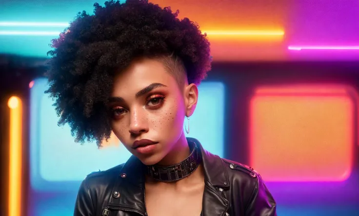 abstract colors, texture, film grain, skin pores:0.2 samdoesart++, intricate RAW full-body dramatic portrait photo of a nerdy goth chick, petite hayley law lyndie greenwood, neon hair, afro (freckles)1.2, analog style eye contact selfie, standing on a (cyb...