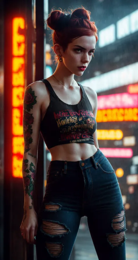 a woman with tattoos and a black top standing in front of a neon sign