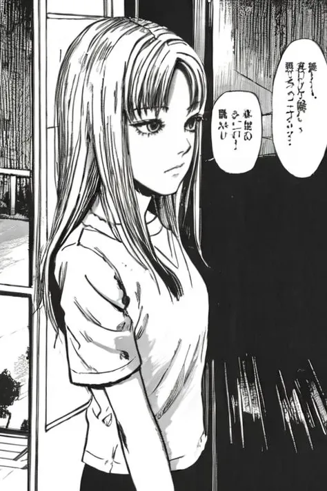 (solo:1.5),
 black hair,long hair, white hair, <lora:fujiang_v1:0.6>
white shirt, short sleeves, street, 
 <lora:manga2:1>
(comic, greyscale, monochrome),, <lora:neg4all_bdsqlsz_V3.5:1>