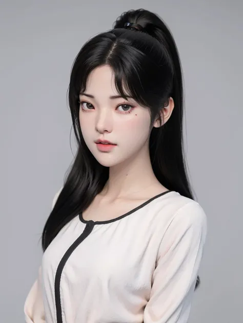 a woman with long black hair and a white shirt