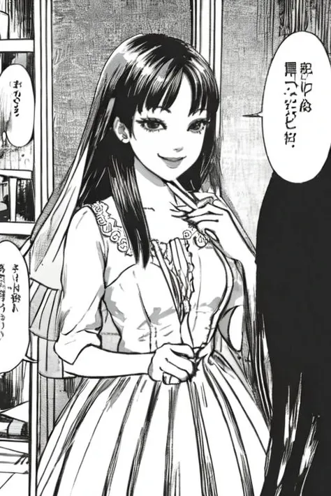 (solo:1.5),
 black hair,long hair,<lora:fujiang_v1:0.6>
(wedding dress),
 <lora:manga2:1>
(comic, greyscale, monochrome),  
smile, brush, happy,, <lora:neg4all_bdsqlsz_V3.5:1>