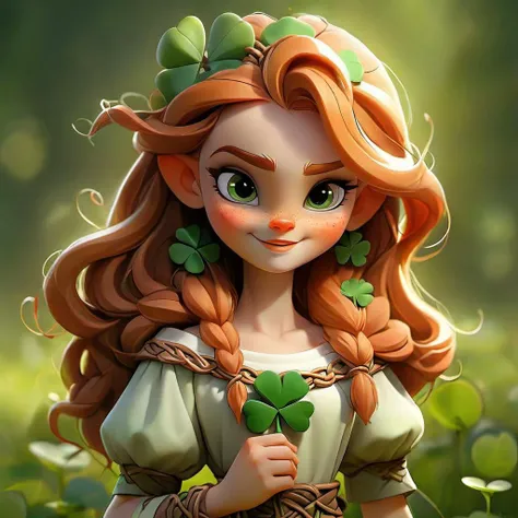 smiled cute sweet beautiful druid girl with a four-leaf clover, celtic, celtic culture, celtic tradition, irish culture, ireland, sunset, beutiful, art, St.Patrick Day,