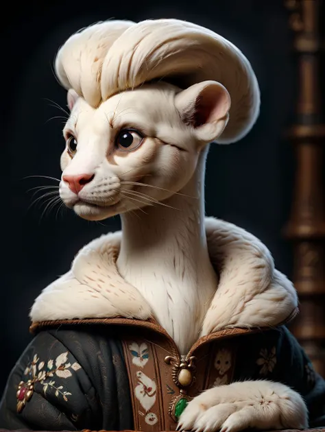 portrait of a ermine wears a high detailed ermine coat, holds a white ermine in his arm, look to side, pitch black dark night, (((no lights))), Leonardo da Vinci painting style, surrounding is dirty, beautiful intricately and detailed, DOF, Dusty air,  <lo...