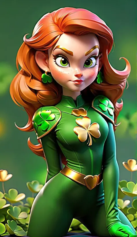 full body shot, scenic view, irish woman in a super hero, redhead, catsuit costume green with golden clover to 4 leaves on the chest (color of the Irish flag),, soft lighting, dynamic angle, realistic lighting, smiling,(intricate details:1.12), hdr masterp...