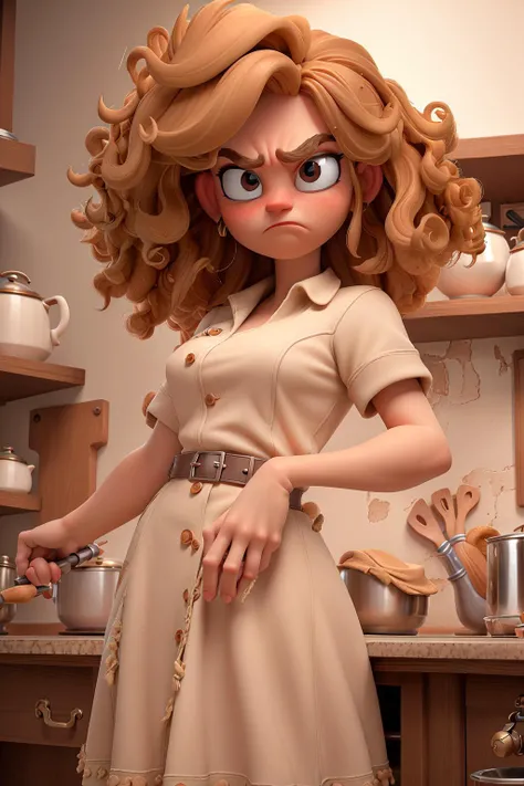 masterpiece, best quality,  (12 mm lens: 1.8), a [frustrated: angry: 0.6] housewife, holding a big pan, tired, cleaning kitchen, behind desk, extremely entangled curly hair