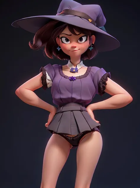 masterpiece, best quality, girl, front light,
black background, 
dressed like (nanny:1.2), 
(panties:1.3), short, skirt, (cameltoe:0.5), 2d, cartoon, pixar style, 
( happy face:0.7), (sad face:0.4), (smiling:0.5),
purple short brown hair