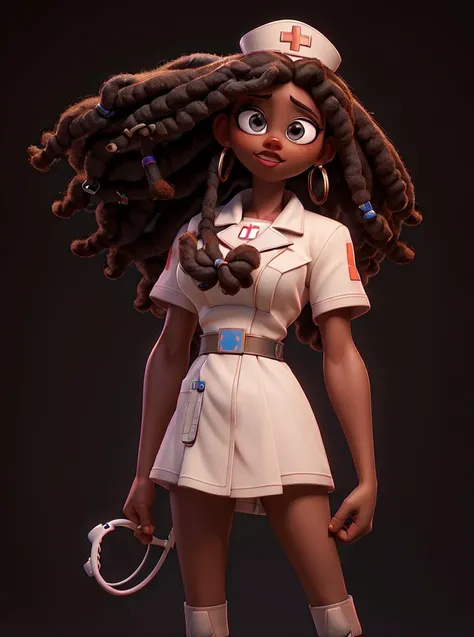 masterpiece, best quality,  (registered nurse:1.2) girl with big eyes, 
black background, 
pixar style, 
( happy face:0.7), (sad face:0.4), (smiling:0.5),
hair Sapphire brown dreadlocks,
ivory skin