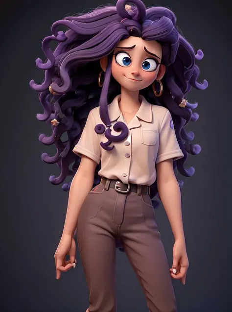 masterpiece, best quality,  (Retail Clerk:1.2) girl with big eyes, 
pixar style, 
( happy face:0.7), (sad face:0.4), (smiling:0.5),
hair purple long curly brown hair