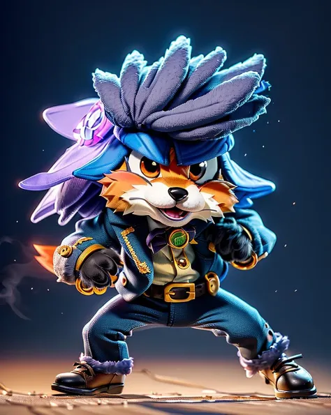 cute, (anthropomorphic:1.4), chibi (fox),  (look at viewer, solo focus:1.4), 
([ash_gray_color::0.4] fur:1.4),  
(attacking:1.4),
Purplecolor asual clothes,
suit pants, dress shoes,
lake_side background,
(high key-lighting:1.4), detail background, (smog:1....