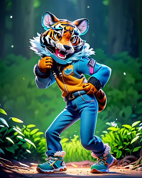 cute, (anthropomorphic:1.4), chibi (tiger),  (look at viewer, solo focus:1.4), 
([azure_color::0.4] fur:1.4),  
(dancing:1.4),
magentacolor asual clothes,
casual pants, sports shoes,
forest background,
(high key-lighting:1.4), detail background, (smog:1.3)...