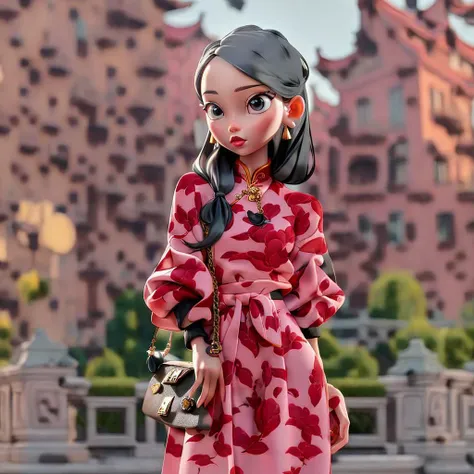 A young Chinese girl with long black hair in a cheongsam dress,holding a Louis Vuitton handbag,standing in front of the Shanghai Bund waterfront landscape. The girl has porcelain doll-like smooth skin,bright eyes,and her purple cheongsam matches the LV bag...