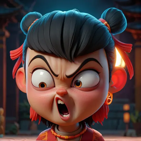 3D cinematic film.(caricature:0.2), nezha,(dark circle around the eye:1.23), Angry face, mouth open, bangs, laugh, teeth,
highly detailed,8K,HDR,UHD,masterpiece,best quality,highly detailed,wallpaper,reality ray tracing,