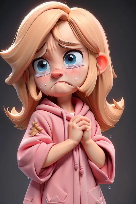 a close up of a doll with a sad face and a pink coat