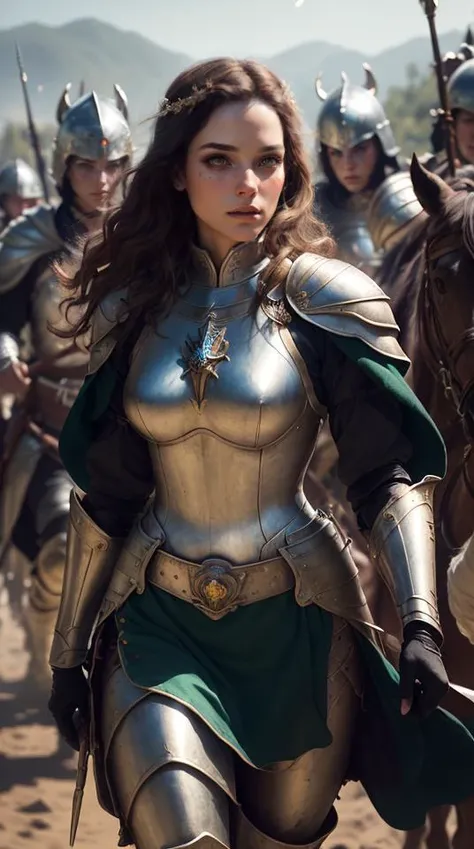 an awarded profesional photo of Joan of Arc: Dressed in shining silver armor, Joan appears almost ethereal as she leads her troops into battle. Her short, golden curls peek out from under her helmet, lending a touch of femininity to her otherwise formidabl...