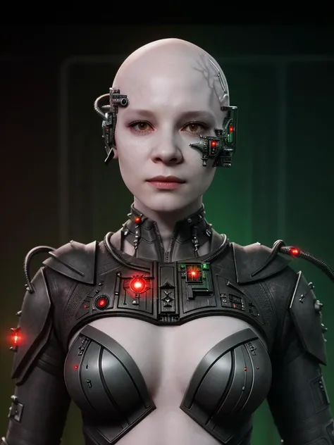 realistic photo of trekborg (the borg queen young alice krige), bald,  ((pale veiny gray skin)), sunken cheeks, borg armor, looking at viewer, seductive look, sexy pose, on the borg cube, red lighting on the right, green lighting on the left, best quality,...